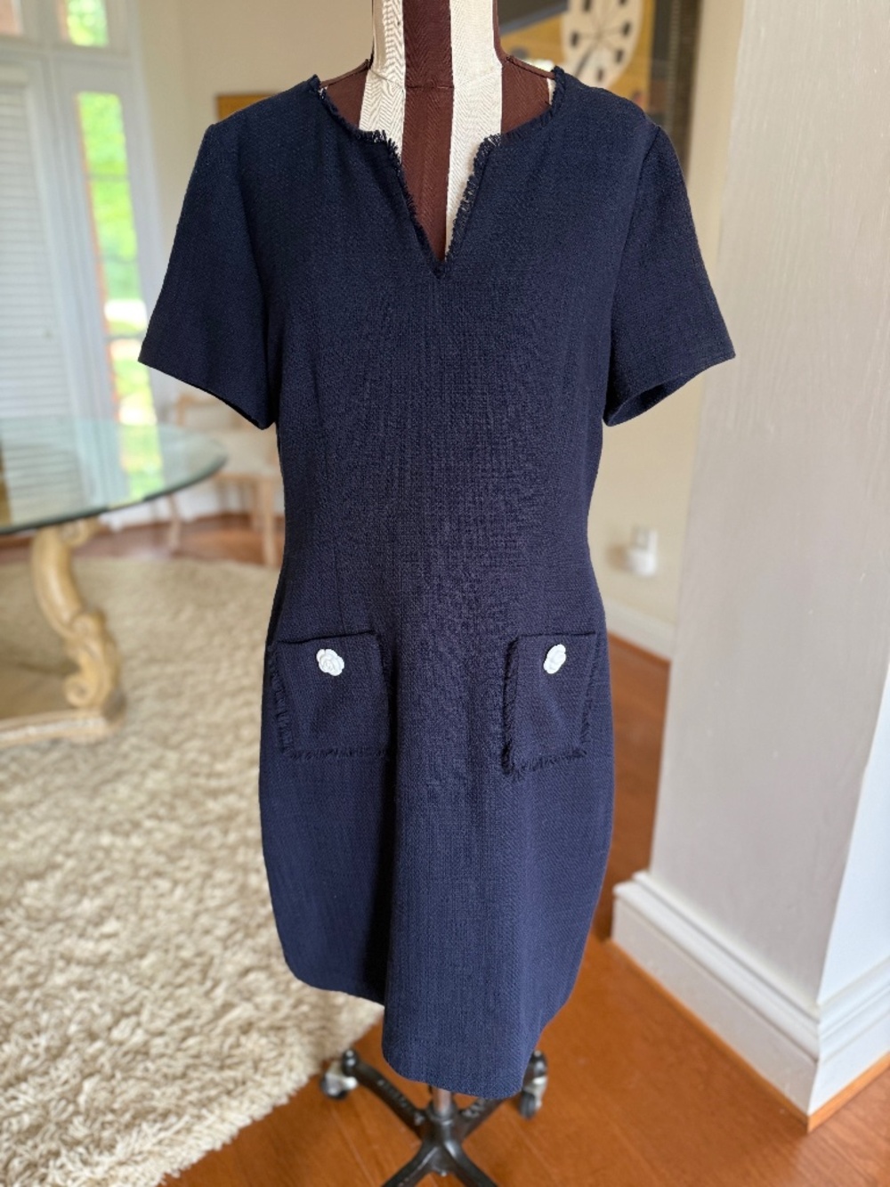 Karl Lagerfeld Navy Textured Short Sleeve Midi Dress with Pocket Buttons